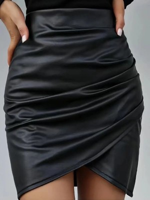 Veralya Kadın Yüksek Bel Yandan Fermuarlı Pileli Mini Deri Etek