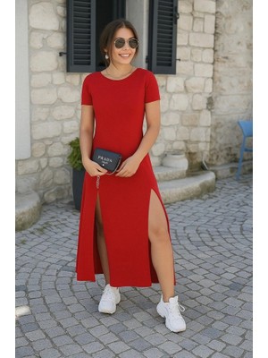 Veralya Kadın Kısa Kollu Sırt Dekolteli Yırtmaç Detaylı Viskon Elbise