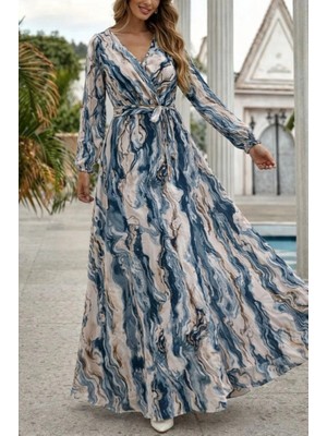 Veralya Kadın Uzun Kollu Kruvaze Yakalı Beli Kuşaklı  Süprem Maxi Elbise