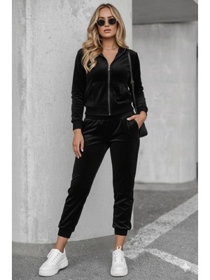 Veralya Kadın Uzun Kollu Önden Fermuarlı Krop Kadife Ceket ve Pantolon Ikili Takım