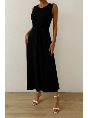 Veralya Kadın Sıfır Kollu Bisiklet Yaka Yandan Büzgü Detaylı Viskon Elbise