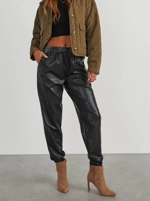 Veralya Kadın Yüksek Bel Lastikli Önü Düğmeli Deri Pantolon