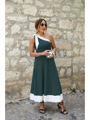 Veralya Kadın Tek Omuzu Açık Omuzlardan Kurdela Detaylı Çift Renkli Ithal Krep Elbise