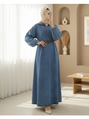 Modamorfo Yarım Boğazlı Fermuarlı Cepli Kot Elbise  -Buz Mavi