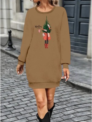 Veralya Kadın Uzun Kollu Bisiklet Yaka Desenli Kısa Viskon Iki Iplik Elbise