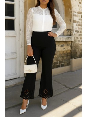 Veralya Kadın Yüksek Bel Paçaya Doğru Genişleyen Lazer Çiçek Kesim Detaylı Ithal Krep Pantolon