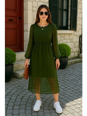 Veralya Kadın Uzun Kollu Astar Detay Fırsat Ürün Ponpon Şifon Elbise