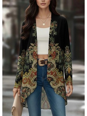 Veralya Kadın Uzun Kollu Önü Açık Desenli Şardonlu Dalgıç Ceket