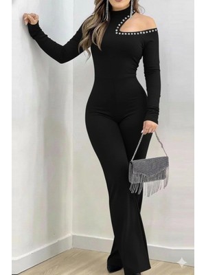 Veralya Kadın Tek Omuzdan Açık Balıkçı Yaka Taş Detaylı Uzun Ithal Krep Tulum