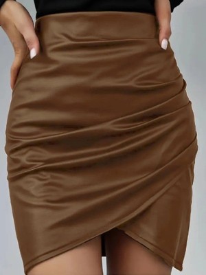Veralya Kadın Yüksek Bel Yandan Fermuarlı Pileli Mini Deri Etek