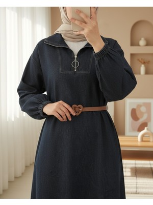 Modamorfo Yarım Boğazlı Fermuarlı Cepli Kot Elbise  -Antrasit