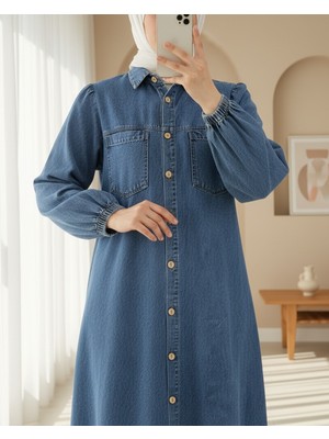 Modamorfo Boydan Düğmeli Kolu Lastikli Cepli Kot Elbise   -Buz Mavi