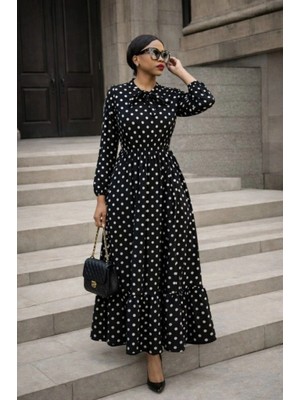 Veralya Kadın Uzun Kollu Yakası Bağcıklı Uzun Puantiyeli Krep Maxi Elbise