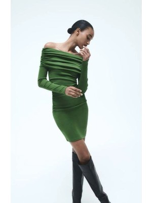 Veralya Kadın Madonna Mendil Yaka Fırsat Ürün Büzgülü Mini Elbise