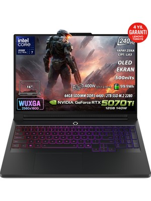 Lenovo Legion Pro 7 16IAX10H Intel Core Ultra 7 255HX 64GB 2TB SSD RTX 5070 Ti 12GB 16" WQXGA (2560X1600) OLED 240Hz 140W Freedos Taşınabilir Bilgisayar 83F500J8TR