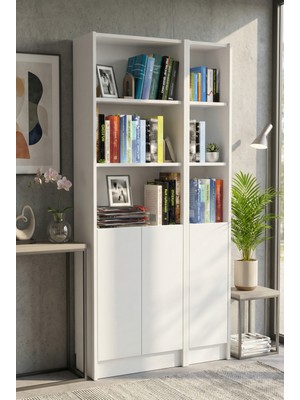 Yeti Mobilya FLAT85 Kitaplık 3 Kapaklı Kütüphane Beyaz