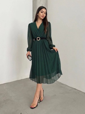 Veralya Kadın Şifon Kumaş Astalı Kloş Kesim Kruvaze Yaka Midi Boy Elbise