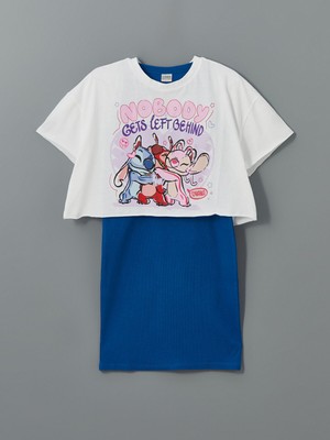 Lc Waikiki Yeni Sezon Bisiklet Yaka Stitch ve Angel Baskılı Kız Çocuk Tişört ve Elbise