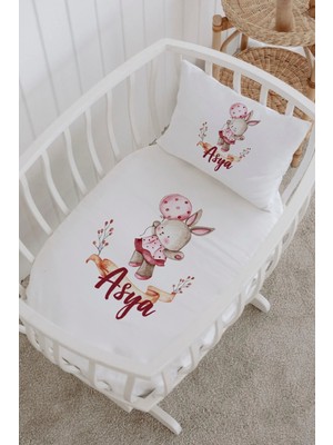 Lilabio Isme Özel %100 Pamuk Lastiksiz Park Yatak Çarşaf Seti (100X120) Flama Tavşan
