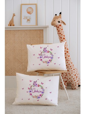 Lilabio %100 Pamuk Isme Özel 2li Ekru Bebek Yastık Kılıfı 35X45 Cm-Çiçek Çemberi