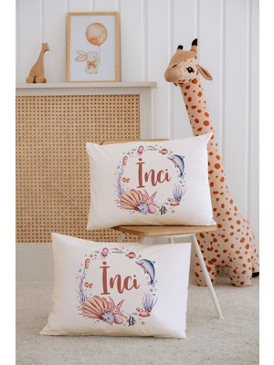 Lilabio %100 Pamuk Isme Özel 2li Ekru Bebek Yastık Kılıfı 35X45 Cm-Deniz Canlıları