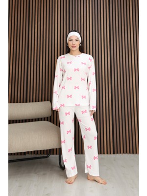 Arvin Pijama Kadın Desenli Yumuşak Dokulu Kışlık Pamuklu Şardonlu Uzun Kol Rahat Kalıp Pijama Takımı