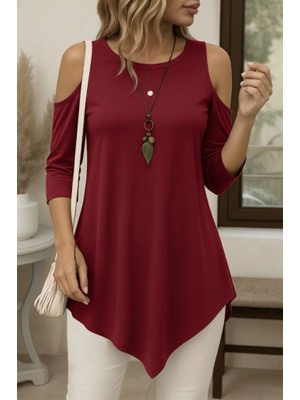 Veralya Kadın Omuzlardan Açık Sıfır Yaka Asimetrik Kesim Detay Viskon Bluz