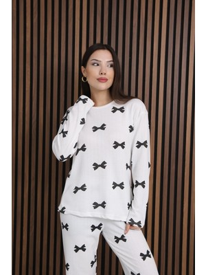 Arvin Pijama Kadın Desenli Yumuşak Dokulu Kışlık Pamuklu Şardonlu Uzun Kol Rahat Kalıp Pijama Takımı
