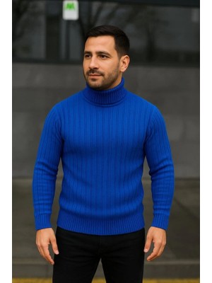 Veralya Erkek Balıkcı Yaka Bağazlı Triko Kazak Pamuklu Kalın Fitilli Dokuma, Regular Fit Uzun Kollu Kışlık Model