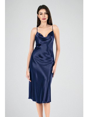 Primoda Degaje Yaka Saten Uzun Gecelik | Lacivert 7741