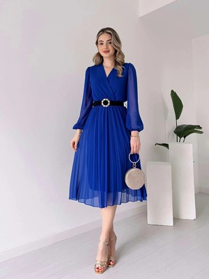 Veralya Kadın Şifon Kumaş Astalı Kloş Kesim Kruvaze Yaka Midi Boy Elbise