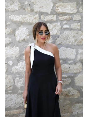 Veralya Kadın Tek Omuzu Açık Omuzlardan Kurdela Detaylı Çift Renkli Ithal Krep Elbise