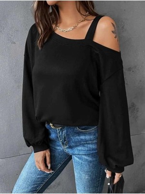 Veralya Kadın Uzun Kollu Tek Omuz Askı Detay Salaş Viskon Iki Iplik Bluz