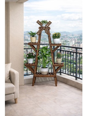 Alan Dekor Çok Raflı Ahşap Dekoratif Çiçeklik Saksılık Balkon Bahçe Standı