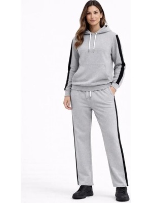 Veralya Kadın Yandan Şeritli Eşofman Takım Kapüşonlu Sweatshirt Boru Paça Alt, Oversize 3 Iplik Pamuklu