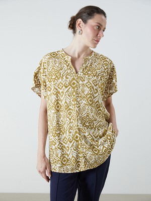 Lc Waikiki Yeni Sezon Kaçık Yaka Desenli Keten Karışımlı Bluz