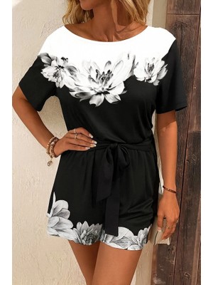 Veralya Kadın Tek Omuzu Açık Çiçek Desenli Beli Kuşaklı Iki Iplik Mini Short Tulum