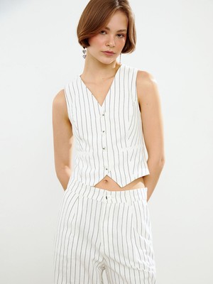 Lc Waikiki Yeni Sezon V Yaka Çizgili Keten Karışımlı Kadın Klasik Yelek