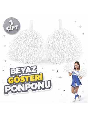 Skygo 1 Çift ( 2 Adet ) Beyaz Renk 23 Nisan 19 Mayıs 29 Ekim Okul Gösteri Ponponları Ekstra Dolgun