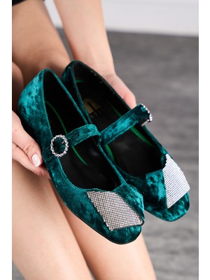 Nstil Günlük Kadın Kadife Taşlı Balerin Babet Tek Bantlı Tokalı Oval Burun Tırtıklı Taban Ayakkabı 285