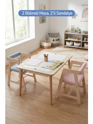 Rozitoys Montessori Çocuk Ahşap Oyun Etkinlik Çalışma Masası, 2 Sandalye Seti