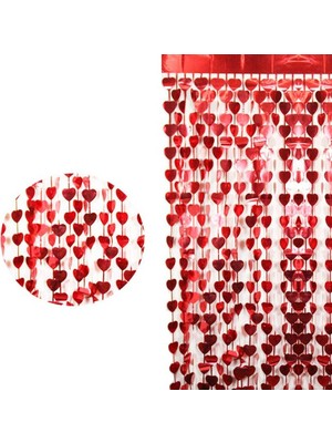 Skygo Kırmızı Renk Kalp Şekilli Metalize Saçaklı Arka Fon Perde Dekorasyon