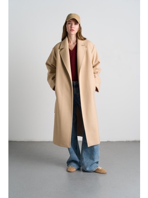 Nauve Camel Uzun Kaşe Belden Bağlamalı Kaban