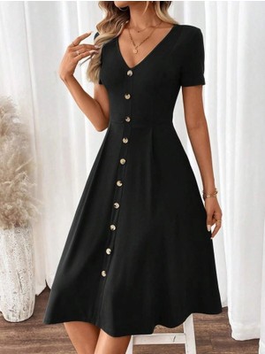 Veralya Kadın Kısa Kollu V Yakalı Önden Düğmeli A Kesim Dokuma Elbise