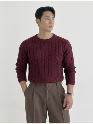 Tarz Cool Erkek Kahverengi Bisiklet Yaka Slim Fit Saç Örgülü Triko Kazak