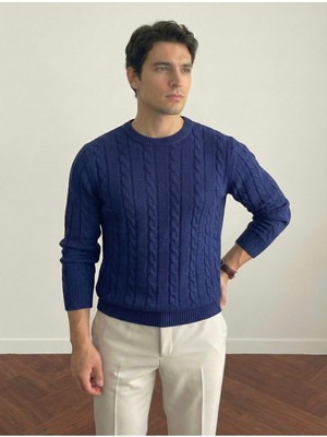 Tarz Cool Erkek Kahverengi Bisiklet Yaka Slim Fit Saç Örgülü Triko Kazak