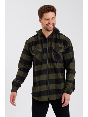 Cool Tarz Fermuarlı Ekoseli Çift Cepli Kapüşonlu Oduncu Gömlek