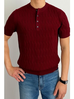 Tarz Cool Erkek Bordo Hakim Yaka Düğmeli Slim Fit Triko T-Shirt