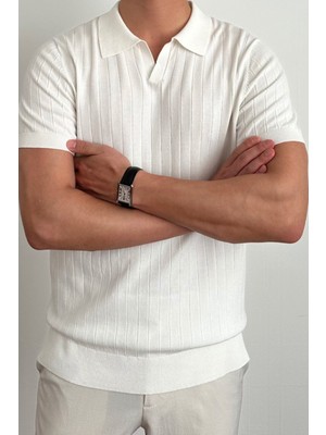 Tarz Cool Erkek Slim Fit Kısa Kol Beyaz Fitilli Polo Yaka Triko T-Shirt Günlük Kullanım İçin