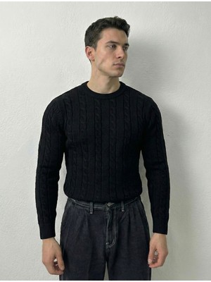 Tarz Cool Erkek Kahverengi Bisiklet Yaka Slim Fit Saç Örgülü Triko Kazak